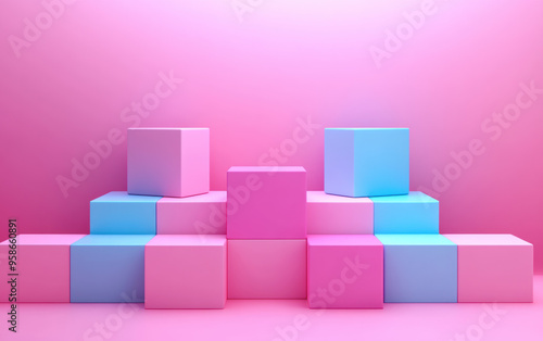 Colorful geometric cubes stacked against a gradient pink background, showcasing a modern and minimalistic aesthetic for decor and design inspiration