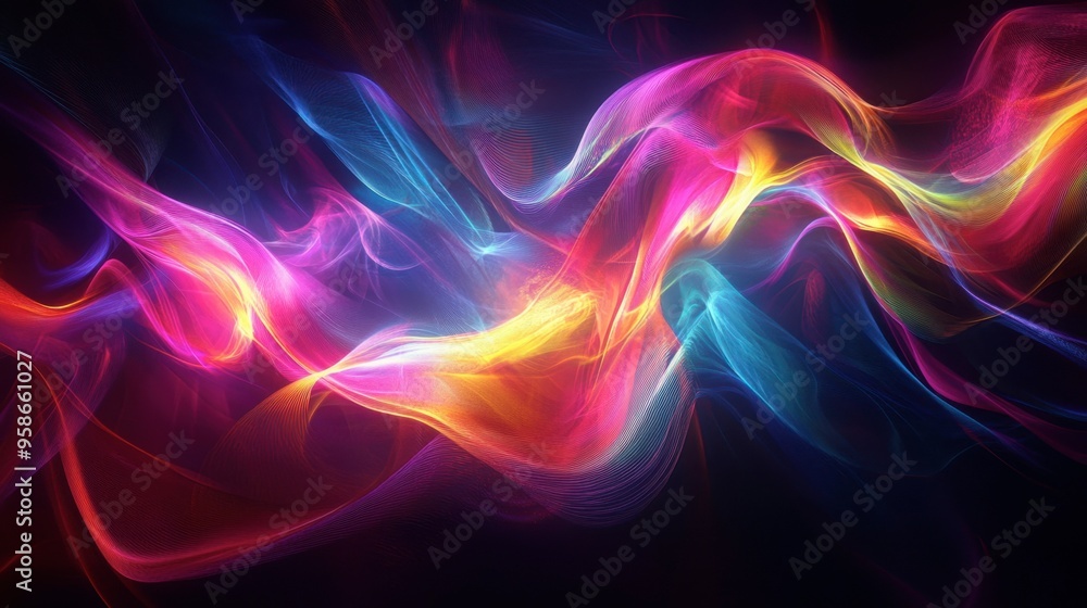 A 3D abstract multicolor visualization featuring twisting ribbons of light and vivid colors in a dark space. A 3D abstract multicolor visualization featuring twisting ribbons of light and vivid colors in a dark space.