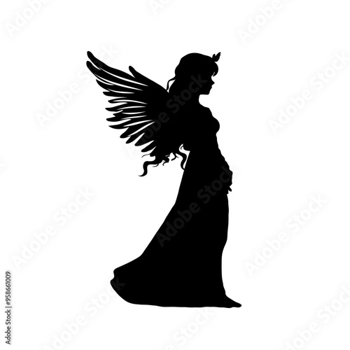 A silhouette of Christmas angel woman with wings. She is praying. Vector illustration isolated on white background.