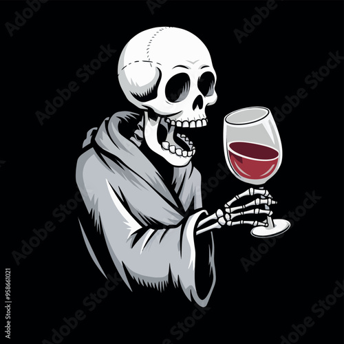 Funny Vector T-shirt Streetwear design a Skeleton with a glass of wine