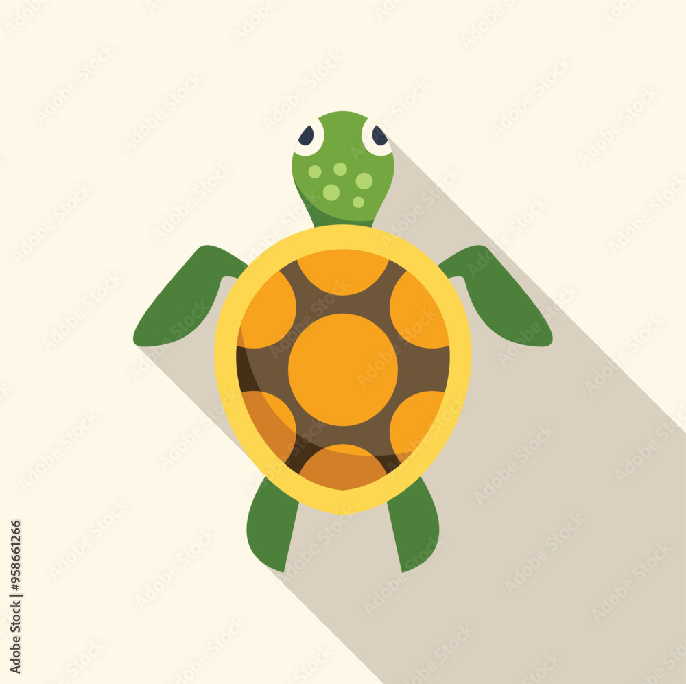 Green turtle swimming with big yellow shell flat design icon with long shadow on a light background Green turtle swimming with big yellow shell flat design icon with long shadow on a light background