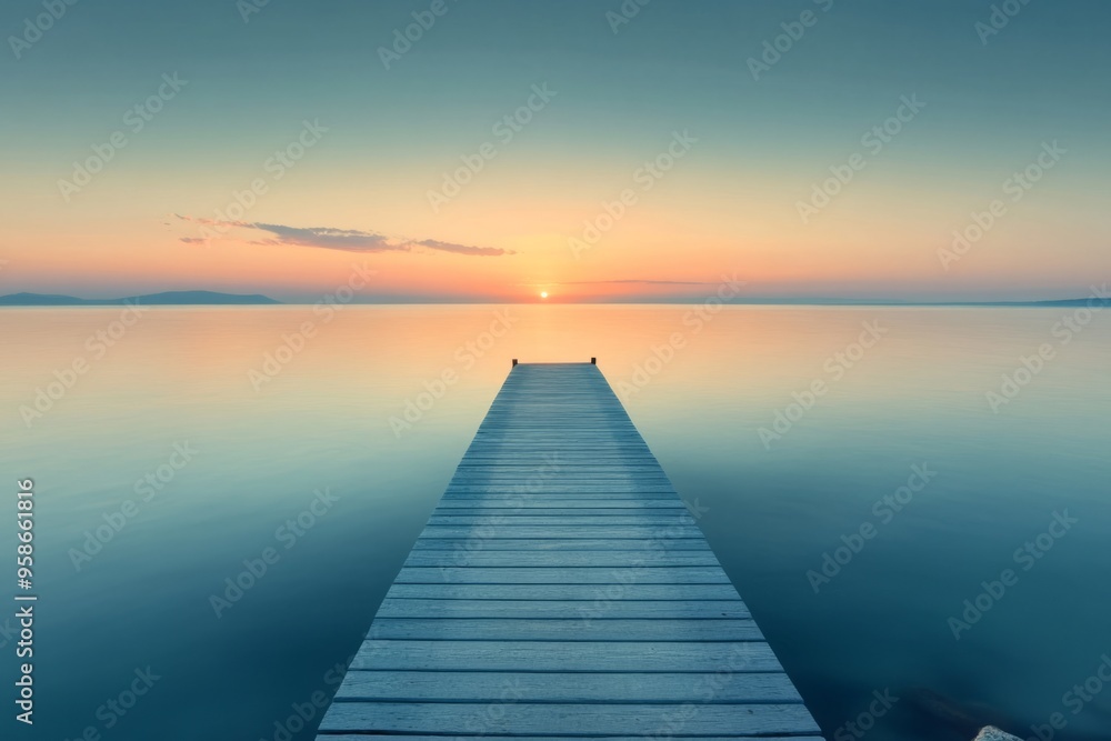 Idyllic sunset view over calm water from a wooden dock. Soft colors fill the sky, creating a peaceful atmosphere. Ideal for relaxation and inspiration. Generative AI Idyllic sunset view over calm water from a wooden dock. Soft colors fill the sky, creating a peaceful atmosphere. Ideal for relaxation and inspiration. Generative AI