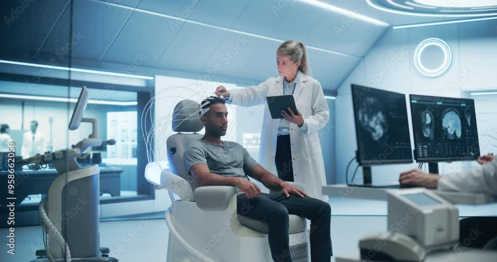 In a Advanced laboratory: Doctors Utilize Advanced Brain Scanning Technology to Diagnose and Treat Neural Disorders, Enhancing Cognitive Function. the Patient Wearing Headset for a High-tech Scan. In a Advanced laboratory: Doctors Utilize Advanced Brain Scanning Technology to Diagnose and Treat Neural Disorders, Enhancing Cognitive Function. the Patient Wearing Headset for a High-tech Scan.