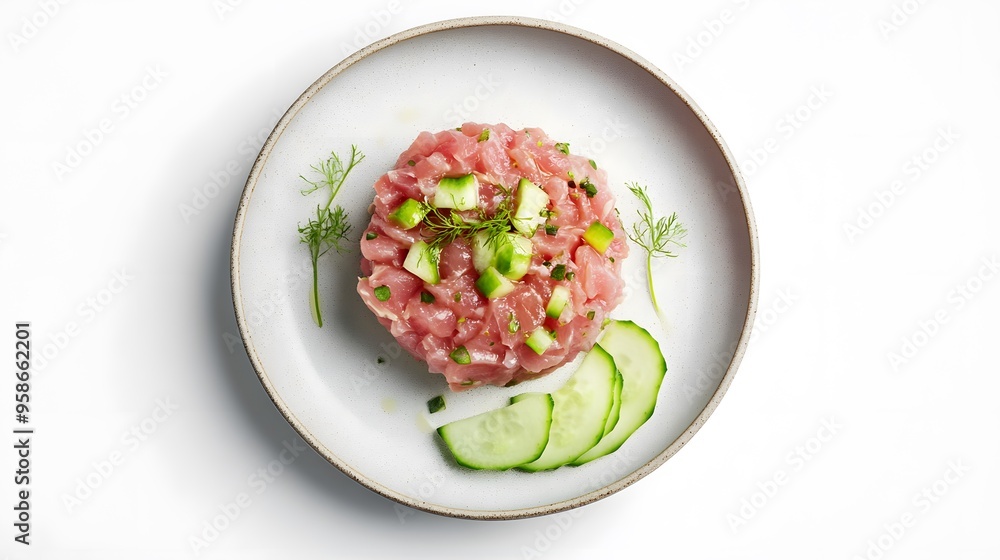 Gourmet tuna tartare with cucumbers and fresh herbs on elegant plate Gourmet tuna tartare with cucumbers and fresh herbs on elegant plate
