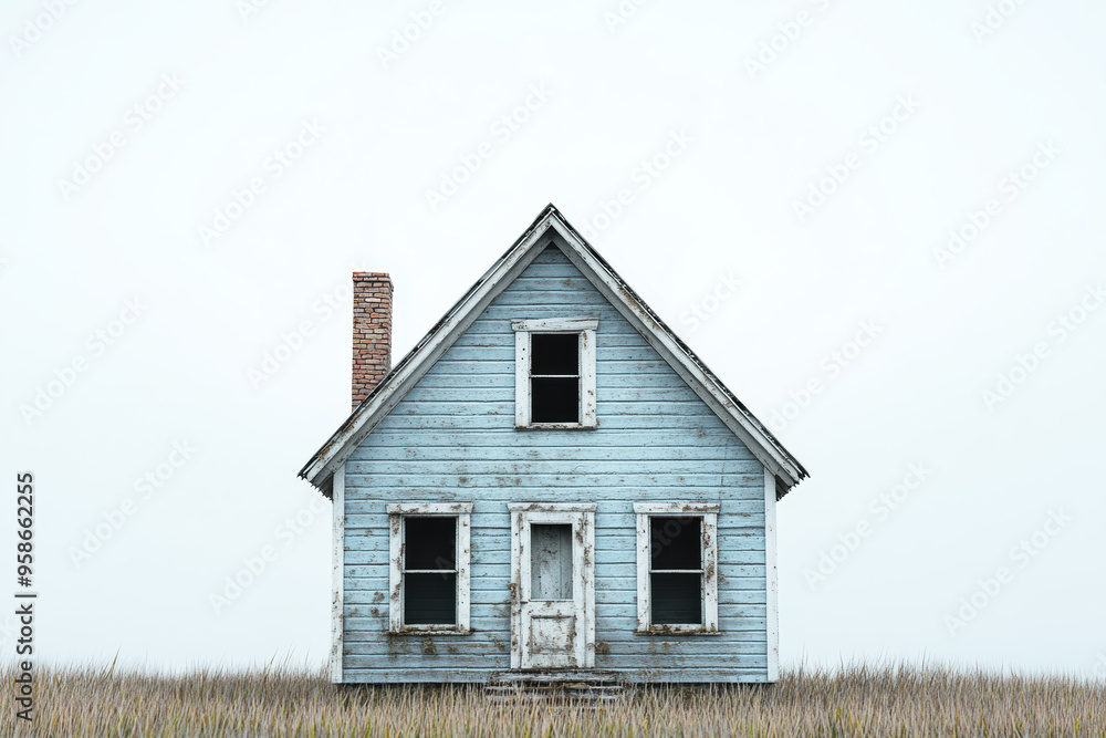 Abandoned blue wooden house standing alone in a desolate field with overcast skies, showcasing rustic charm and a hauntingly serene atmosphere. Abandoned blue wooden house standing alone in a desolate field with overcast skies, showcasing rustic charm and a hauntingly serene atmosphere.