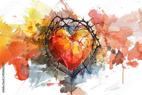 Watercolor painting of the sacred heart of Jesus aflame and wrapped in thorns photo