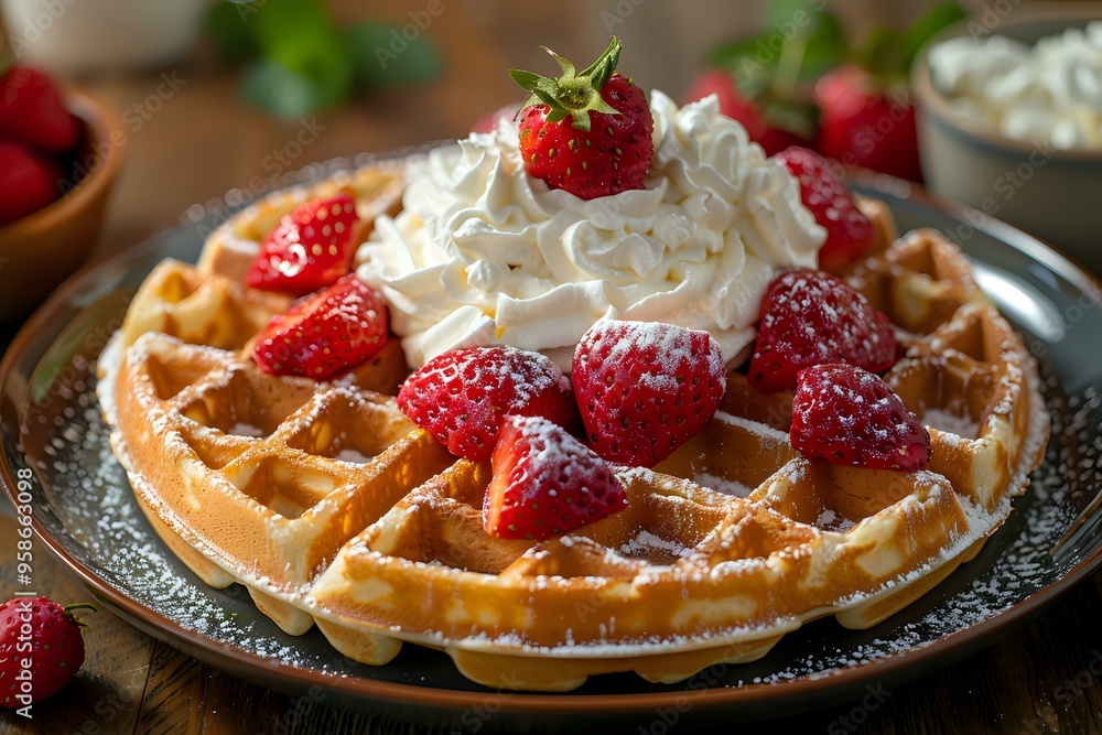 delicious plate of golden waffles topped with whipped cream and fresh strawberries, dusted with powdered sugar, perfect for breakfast or dessert. Ideal for food photography, recipe blogs delicious plate of golden waffles topped with whipped cream and fresh strawberries, dusted with powdered sugar, perfect for breakfast or dessert. Ideal for food photography, recipe blogs