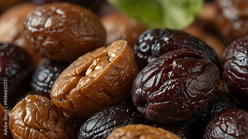 Close-up of raisin grain with nuts Close-up of raisin grain with nuts