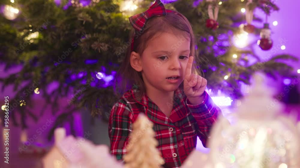 New Year's toys, decorations and garlands. A girl plays near the Christmas tree. Beautiful bokeh and light reflections. New Year's toys, decorations and garlands. A girl plays near the Christmas tree. Beautiful bokeh and light reflections.