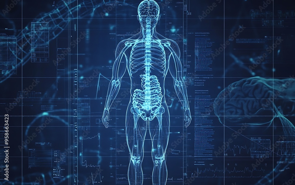 Conceptual Artwork of Human Body Cross-Section Depicted as Technical Blueprint with DNA as Central Axis and Body Systems Branching Out Conceptual Artwork of Human Body Cross-Section Depicted as Technical Blueprint with DNA as Central Axis and Body Systems Branching Out