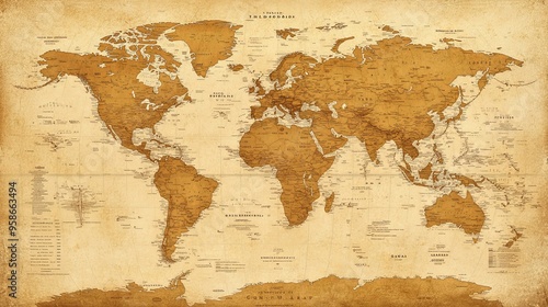 Antique World Map with Detailed Coastlines and Borders