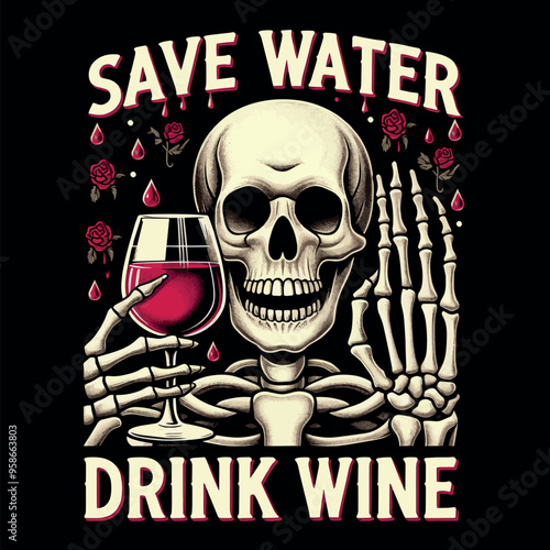 Funny Vector T-shirt Streetwear design a Skeleton with a glass of wine