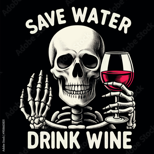 Funny Vector T-shirt Streetwear design a Skeleton with a glass of wine