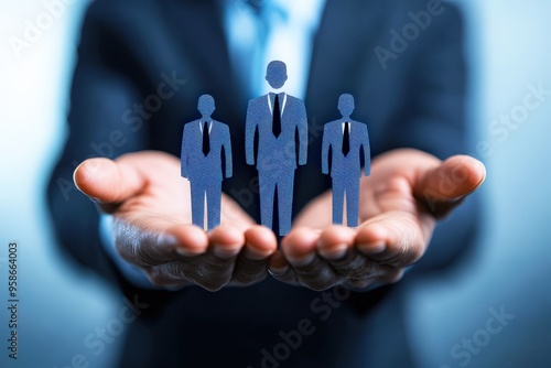 Protecting the Workforce:  A businessman's hands cradle three paper figures, symbolizing his commitment to his team, representing leadership, guidance, and support. The image evokes a sense of securit photo