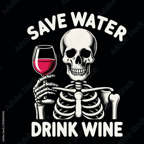 Funny Vector T-shirt Streetwear design a Skeleton with a glass of wine