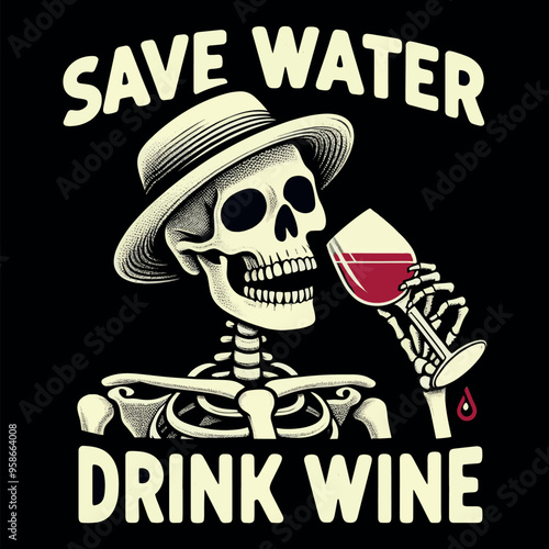 Funny Vector T-shirt Streetwear design a Skeleton with a glass of wine