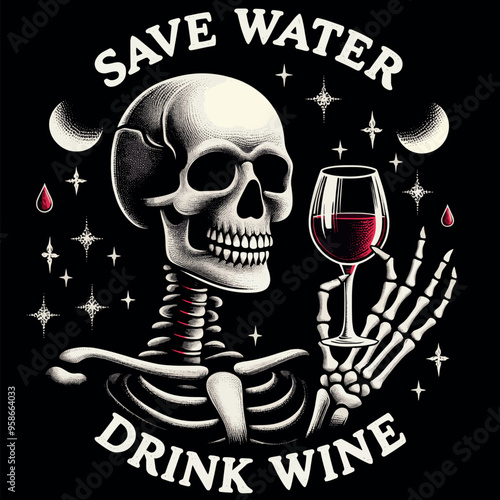 Funny Vector T-shirt Streetwear design a Skeleton with a glass of wine