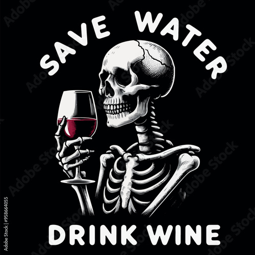 Funny Vector T-shirt Streetwear design a Skeleton with a glass of wine