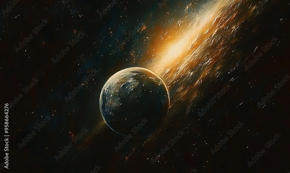 Obraz premium A Planet Emerging from a Glowing Cosmic Rift