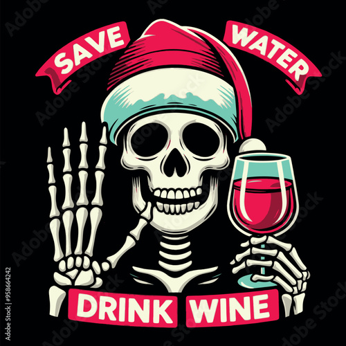 Funny Vector T-shirt Streetwear design a Skeleton with a glass of wine