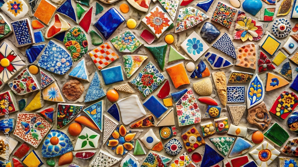 Fototapeta premium wall, design,ceramic, colorful, symmetrical, A symmetrical design made of many colorful pieces of broken ceramic embedded in the wall