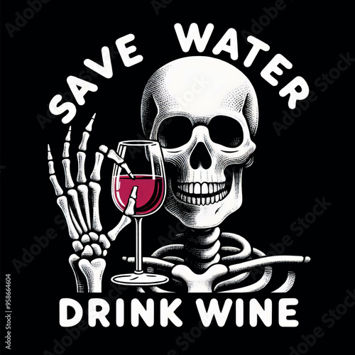 Funny Vector T-shirt Streetwear design a Skeleton with a glass of wine