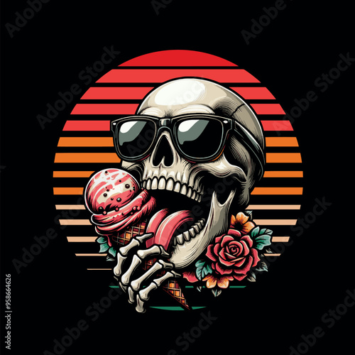 funny vector design t-shirt streetwear skeleton eating ice cream