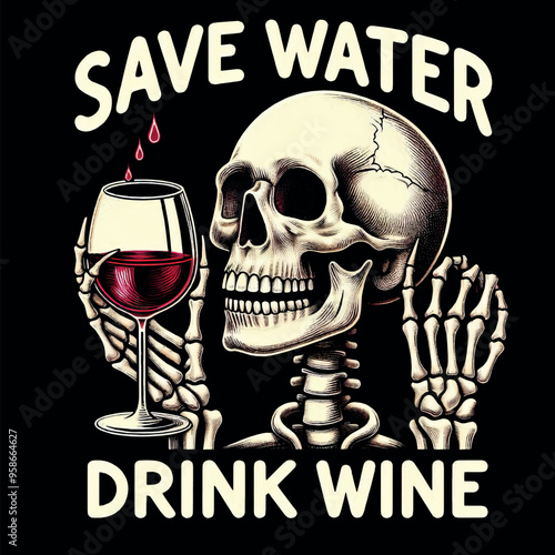 Funny Vector T-shirt Streetwear design a Skeleton with a glass of wine