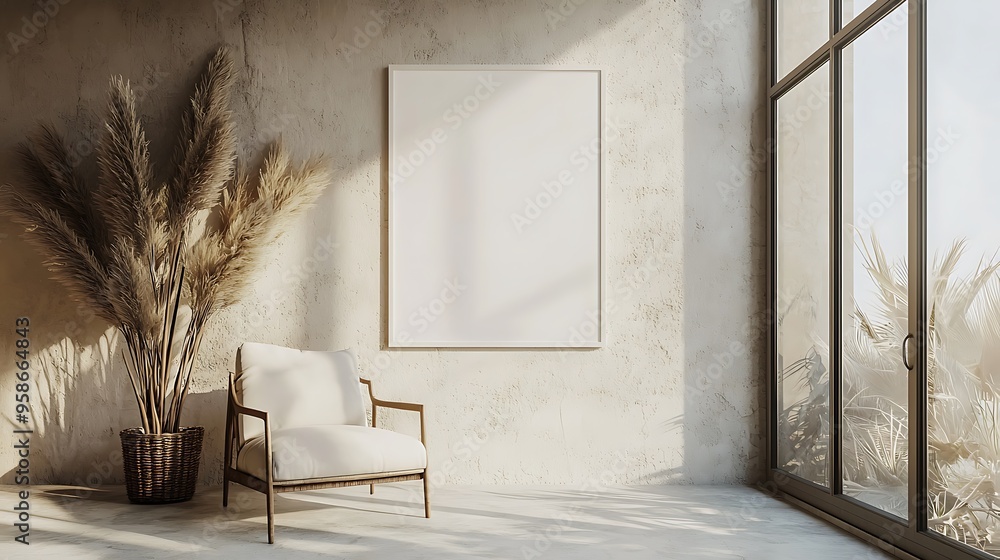 A serene minimalist living room with a blank canvas and a view of palm trees. A serene minimalist living room with a blank canvas and a view of palm trees.