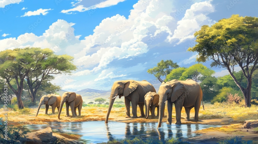 Elephant Family Drinking Water in the Savannah Elephant Family Drinking Water in the Savannah