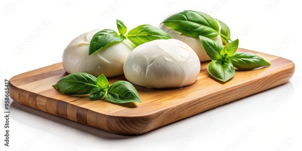 Buffalo mozzarella and basil on a wooden cutting board isolated on a white background with a close up wide angle shot, vegetarian, Italian cuisine, ingredient, appetizer Buffalo mozzarella and basil on a wooden cutting board isolated on a white background with a close up wide angle shot, vegetarian, Italian cuisine, ingredient, appetizer