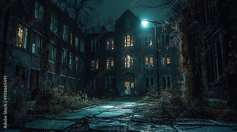 An eerie old building at night, dimly lit by a solitary streetlight. An eerie old building at night, dimly lit by a solitary streetlight.