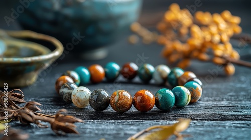 Colorful Gemstone Bracelet on Dark Wooden Background.