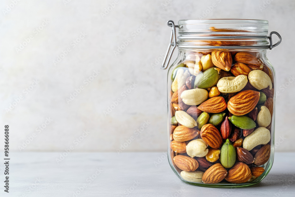 Discover a nutritious mix of nuts and seeds in a glass jar, perfect for healthy snacking. Ideal for brain health, this natural food storage option enhances your wellness routine. Discover a nutritious mix of nuts and seeds in a glass jar, perfect for healthy snacking. Ideal for brain health, this natural food storage option enhances your wellness routine.