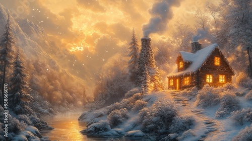 Cozy cabin in a snowy landscape during sunset.