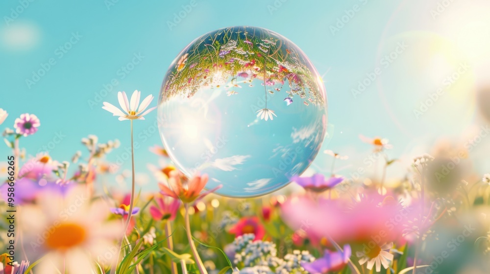 A floating glass sphere amidst a vibrant meadow of colorful flowers under a clear blue sky. A floating glass sphere amidst a vibrant meadow of colorful flowers under a clear blue sky.