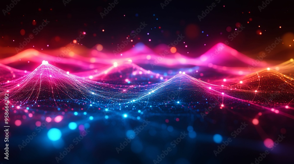Abstract Digital Landscape with Glowing Lines and Bokeh Lights Abstract Digital Landscape with Glowing Lines and Bokeh Lights