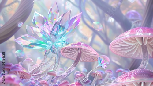 Crystal flower among glowing mushrooms in a dreamy, magical forest, bathed in ethereal light photo