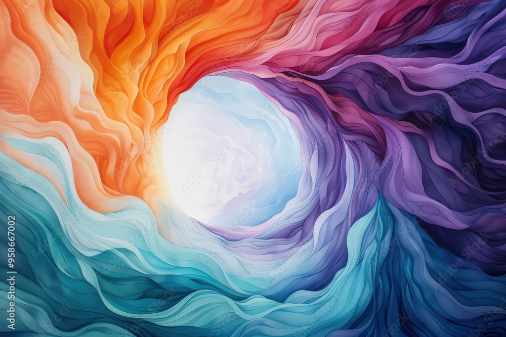 Abstract swirling colors in blue, teal, purple, and orange create a tunnel leading to a bright white circle. Abstract swirling colors in blue, teal, purple, and orange create a tunnel leading to a bright white circle.