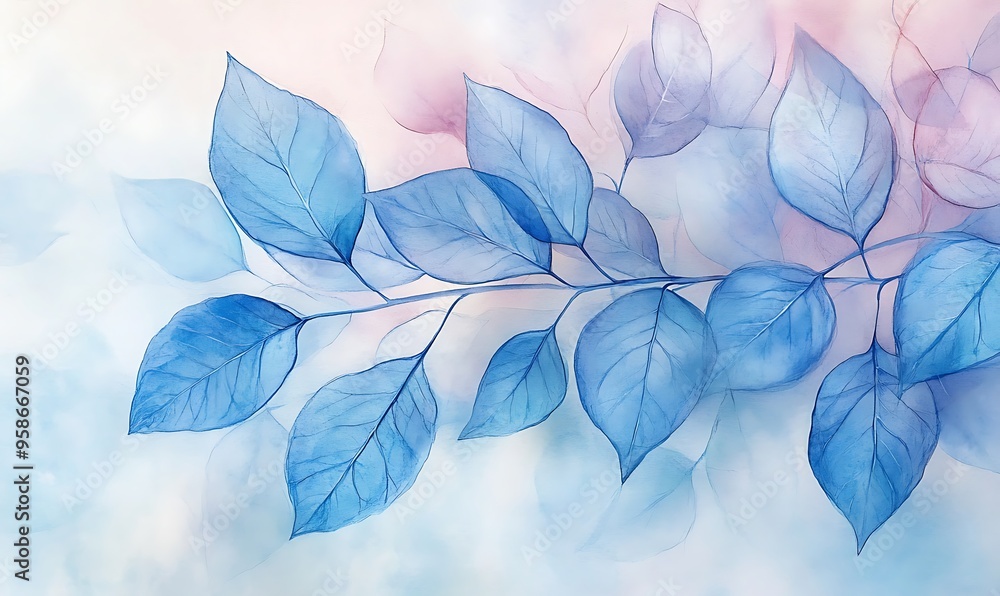 Watercolor Painting of Delicate Blue Leaves on a Branch Watercolor Painting of Delicate Blue Leaves on a Branch