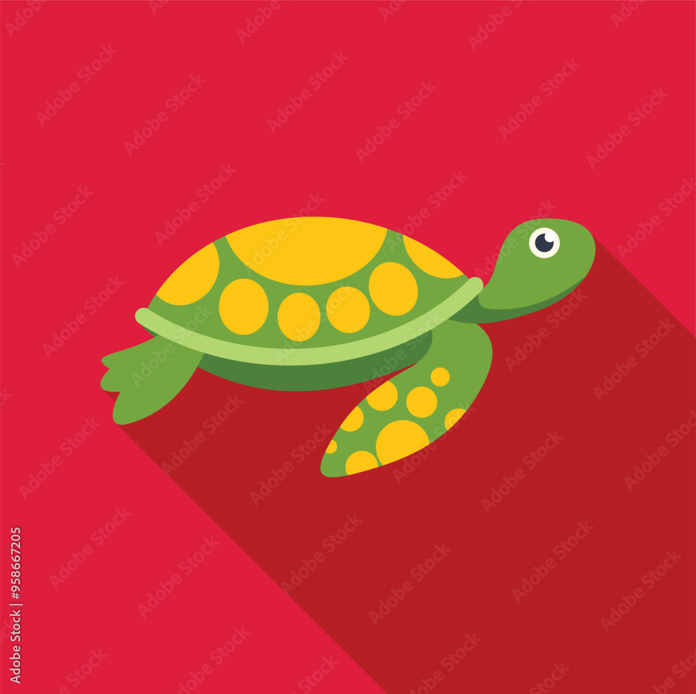 Green sea turtle swimming underwater with long shadow on a red background Green sea turtle swimming underwater with long shadow on a red background