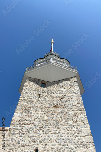 Maiden's Tower in Istanbul, Turkiye, Marmara Sea, historical monument on island, stone wall balcony view terrace high building