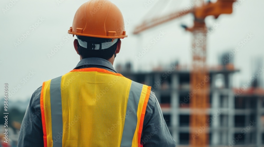 Construction worker observing building site with crane Construction worker observing building site with crane
