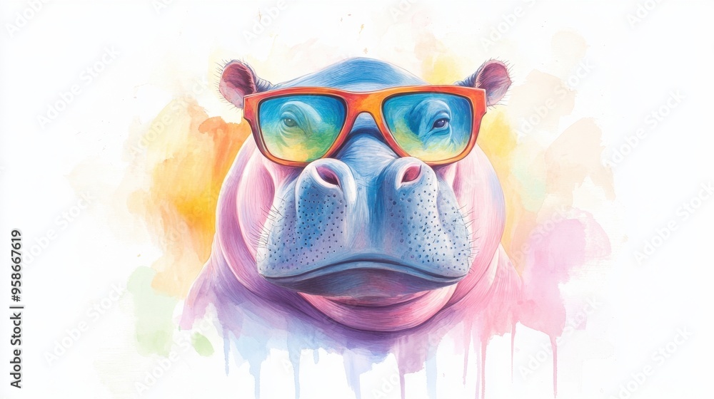 Fototapeta premium A hippo wearing sunglasses and a pink nose