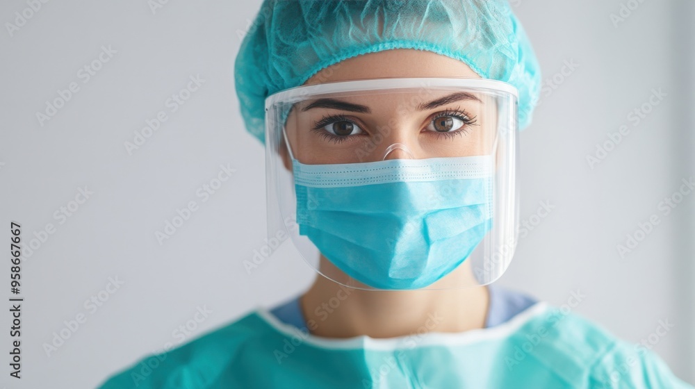Healthcare worker wearing face mask and shield Healthcare worker wearing face mask and shield
