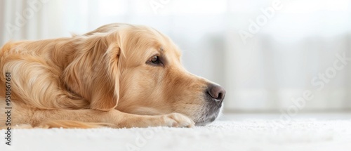 A dog is laying on the floor with its head down