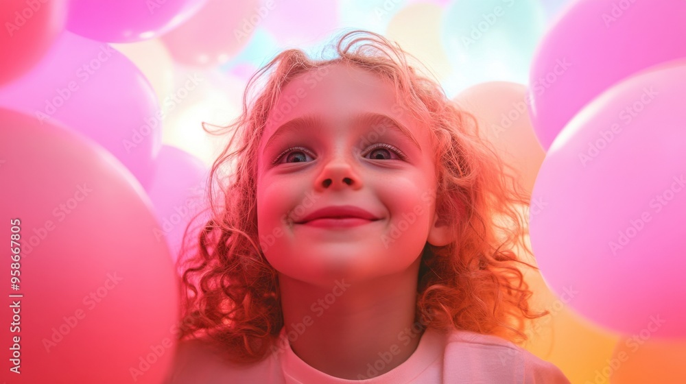 Fototapeta premium A young girl with curly hair is surrounded by a bunch of pink balloons