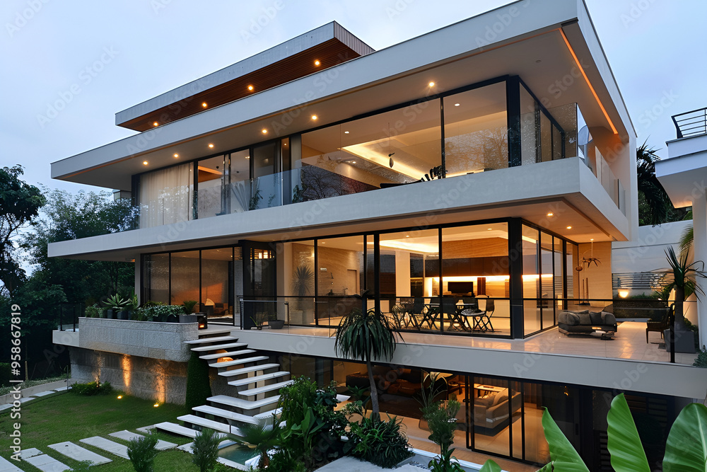 Fototapeta premium 3d rendering of modern cozy house with pool and parking for sale or rent. Clear summer night with many stars on the sky