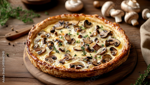 Tart with mushrooms and cheese, presented on a clean wooden kitchen table