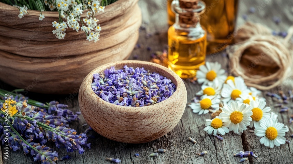 Dried Lavender and Chamomile Flowers with Essential Oils Dried Lavender and Chamomile Flowers with Essential Oils